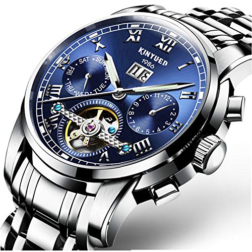 QZPM Herren-Uhr-Automatische Mechanische Winding Edelstahl Skeleton Wasserdichtes Leuchtendes Sapphire Dial Armbanduhr Für Männer,Blau Cover