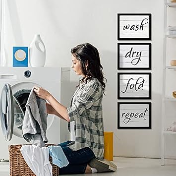 4 Pcs Laundry Room Decor for Wall Wash Dry Fold Repeat Sign 10 x 8 Inch Funny Laundry Room Wall Art Signs Framed Rustic Farmhouse Hanging Wood Decor for Bathroom Home for Housewarming Gift(Black)
