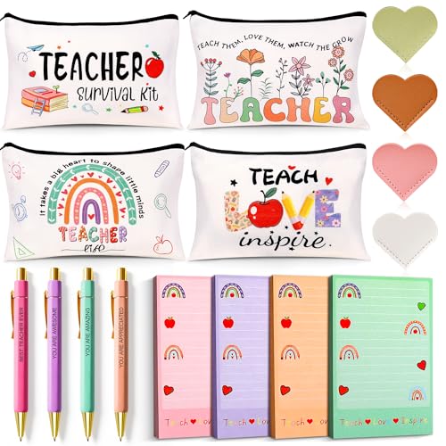 Teacher Appreciation Gifts Bulk 16Pcs Gifts for Women with Teacher Survival Kit Makeup Bags Bookmarks Notepad and Pens Christmas Valentines Gifts for Appreciation