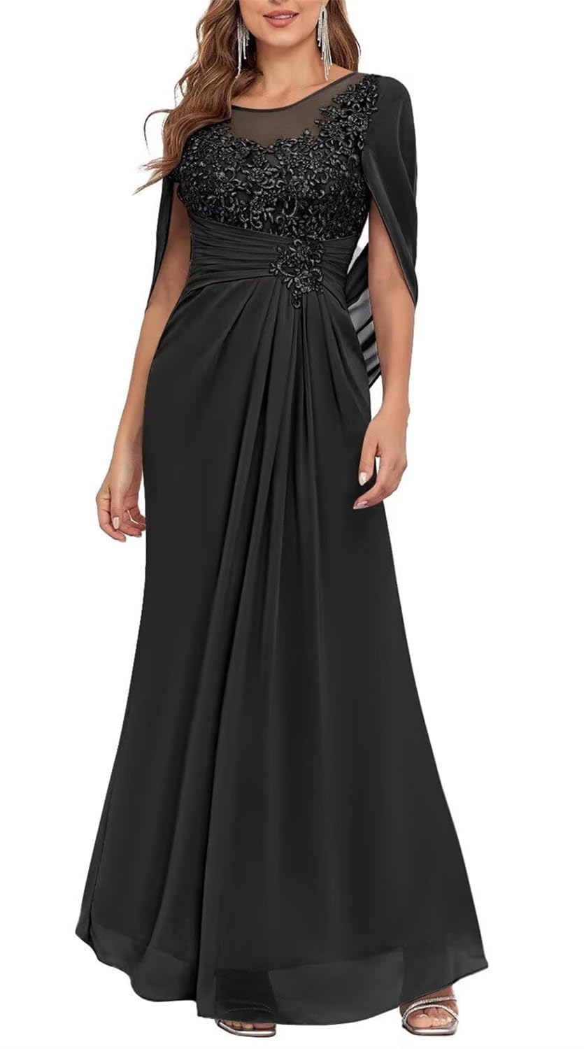Yiann Women's Black Lace Applique Mother Of The Bride Dresses For Wedding Formal Dress With Cape Mermaid Evening Gown Uk20