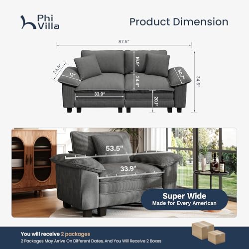 Image of PHI VILLA Cloud Modular Couches Sets, 87.5 inch Sectional Loveseat Sofa with Upholstered Deep Seat, 2-Seater Comfy Couches for Living Room Bedroom, Corduroy Fabric, Grey