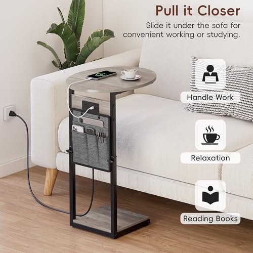 Vagusicc C Shaped End Table with Charging Station, 32\" Tall Side Table for Couch and Recliner, Adjustable Height Small Couch Side Table Slide Under Sofa TV Tray Table for Living Room, Bedroom, Greige - Thumbnail 5