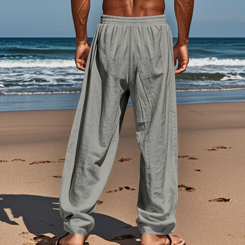 Mens Sweatpants Cotton Linen Waist Drawstring Straight Leg Casual Regular Fit Classic Trousers Outdoor Beach Pants3