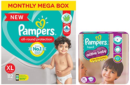 Image of Pampers All round Protection Pants, Extra Large size baby Diapers, (XL) 112 Count Lotion with Aloe Vera & Active Baby Taped Diapers, Extra Large size diapers, (XL) 32 count, taped style custom fit