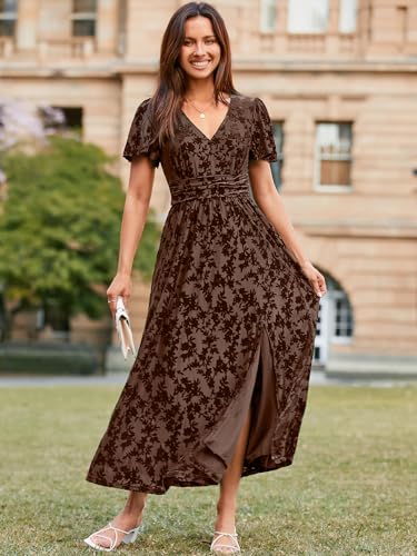Image of Simplee Women's Velvet Maxi Dress V Neck Short Sleeve Empire Waist Semi Formal Long Cocktail Dresses