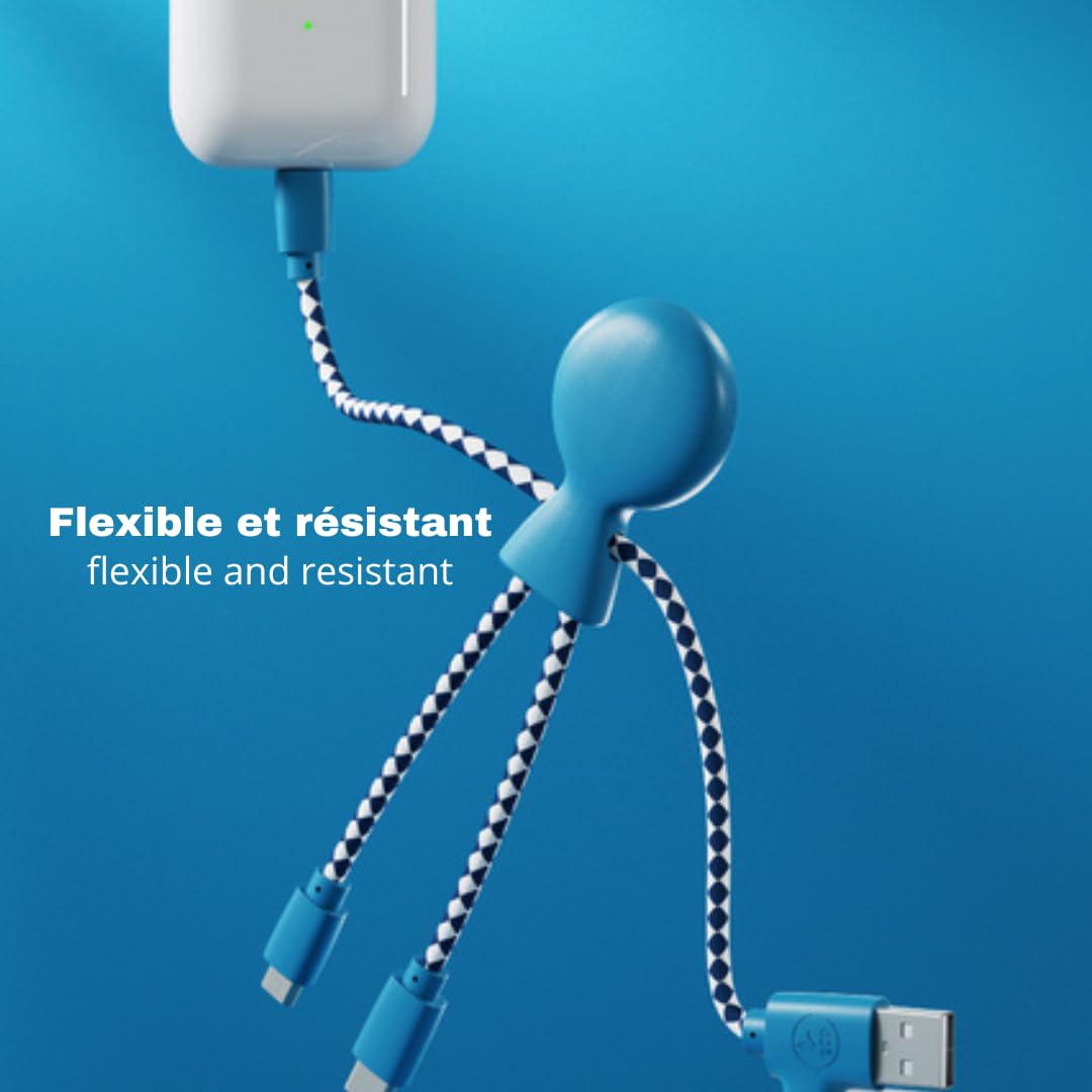 Xoopar Kabel Multi USB Mr Bio 4 w 1, trwały kabel USB, USB-C, micro USB, Lightning do Apple iPhone Samsung Google Huawey Xiaomi OnePlus LG Kindle (niebieski)