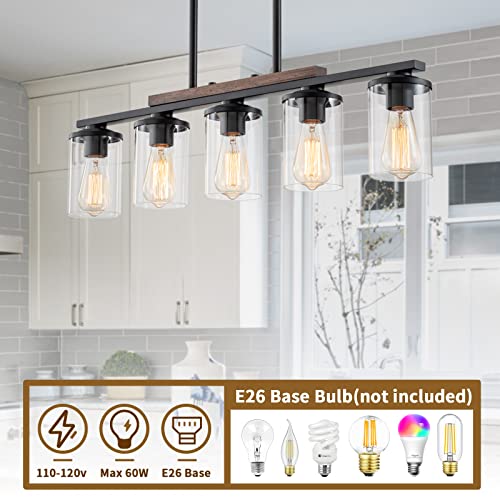 Farmhouse-Dining-Room-Light-Fixture5-Light-Kitchen-Island-Chandelier-with-Rustic-Wood-FrameBlack-Metal-Finish-and-Clear-Glass-ShadesAdjustable-Pendant-Lighting-for-Dining-TableKitchen-Island Farmhouse Dining Room Light Fixture5 Light Kitchen Island Chandelier with Rustic Wood FrameBlack Metal Finish and Clear Glass ShadesAdjustable Pendant Lighting for Dining TableKitchen Island