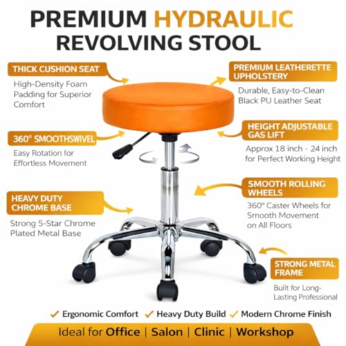 Image of NGFC Chrome Base Adjustable Swivel Stool | 15-Inch Cushioned Seat - Orange | Height Adjustable with 360 Swivel | Smooth Casters | Stylish & Durable Stool for Home, Office, Salon, Clinic, or Bar Use