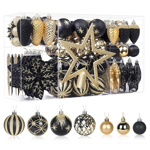 SHareconn Lot de 106 décorations de Noël en plastique incassable pour sapin de Noël, vacances, fête de mariage avec crochets inclus, noir et or