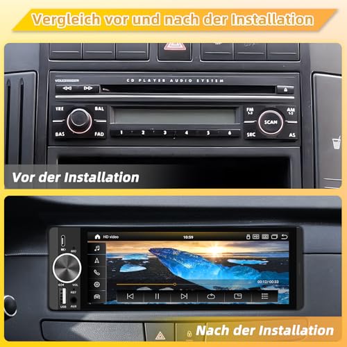 Autoradio mit Bildschirm, Single-DIN, Kabelloses CarPlay und Android Auto, 6,28-Zoll-Touchscreen mit Bluetooth, WLAN, MirrorLink, FM-Radio, Lenkradsteuerung, Equalizer, USB-C-Anschluss, Rückfahrkamera