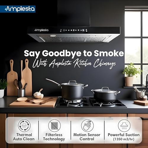 Image of Amplesta Sereno 90CM Chimney for Kitchen Auto Clean 1350 m3 /hr Vertical Wall Mounted Kitchen Chimney for Home Filterless Two Way Suction Touch & Gesture Control (Sereno MS AC FL 90 BK)