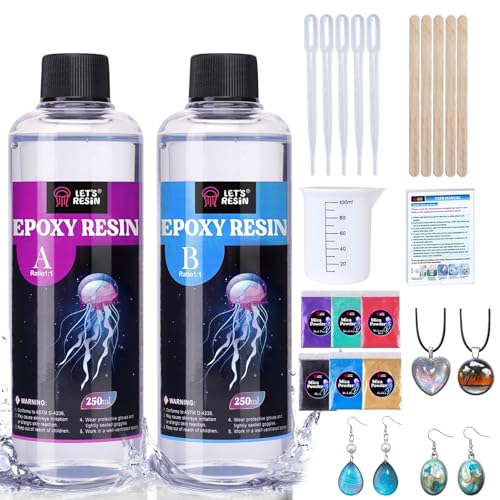 LETS RESIN 500ml Epoxidharz Set Blasenfreies Gießharz Set 1:1 nach Volumen Transparent Epoxidharz mit Härter für Kunstwerke Gießharz Schmuck Formen Silikon Tischplatte Hitze- & UV-Beständig
