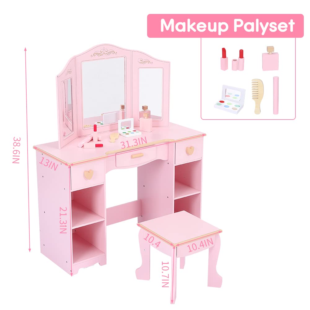 Acekool Mueble Tocador Decorativo Infantil De Madera para Niñas, Conjunto con Silla, Espejo Triple, Cajones y Estante Abierto, Dormitorios Infantiles y Cuartos De Juegos 4 a 9 Años