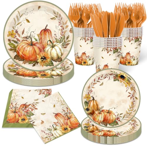 Fall Plates and Napkins Decorations 144 Pcs Autumn Pumpkin Party Tableware include Fall Paper Plates Pumpkins Maple Leaf Napkins for Fall Theme Party Thanksgiving Harvest Birthday Party Supplies
