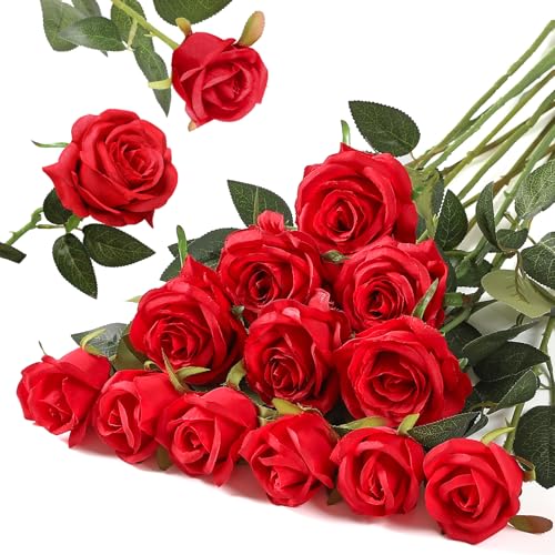 Hawesome 12PCS Artificial Silk Flowers Realistic Roses Bouquet Long Stem for Home Wedding Decoration Party (Red, 6 Flowers 6 Buds)