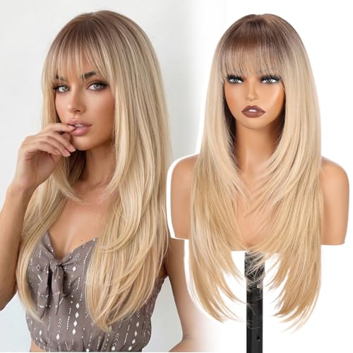 topshe Blonde Wig With Bangs for Women 26 Inch Long Straight Ombre Blond Wig Glueless Wear an Go Synthetic Wigs Natural Looking Sensational Wigs for Daily Cosplay and Party Use