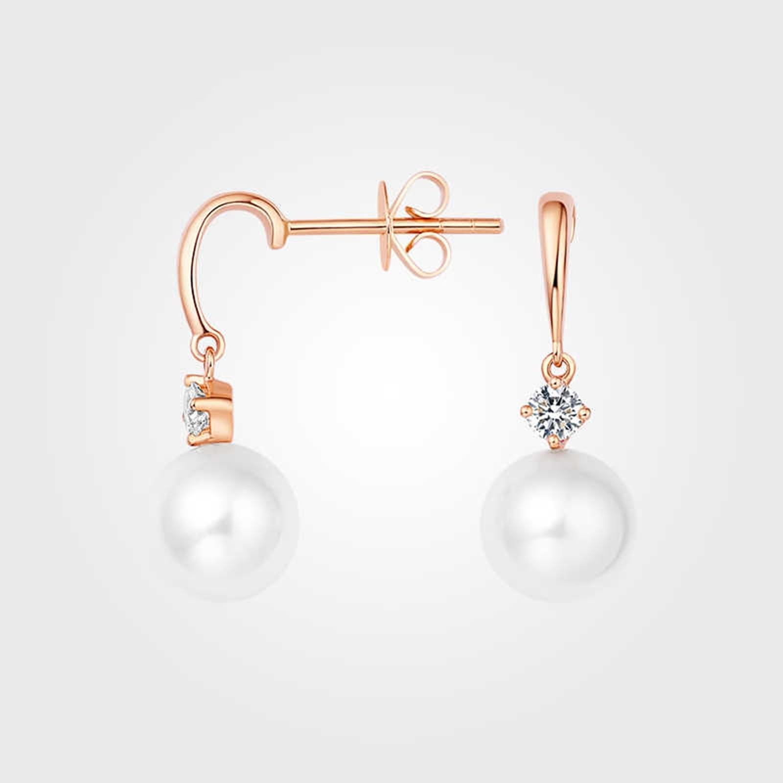 Pendientes de gota de perlas de oro de 9 K/14 K/18 K para mujer, aretes colgantes de perlas de 7,5-8 mm con diamante de oro rosa de 0,16 quilates