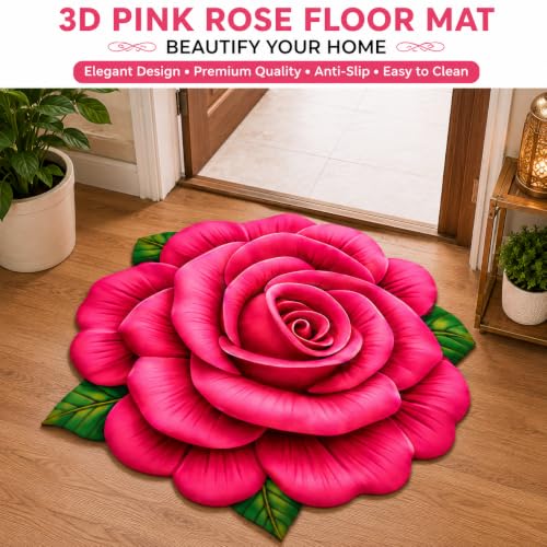Image of 3D Rose & Floral Door Mat | Water Absorbent, Anti-Skid, Machine Washable Floor Mat | Soft Microfiber Carpet for Home, Living Room & Bedroom | Premium Decorative Mat (22x22 Inch) (Pink, Rose)