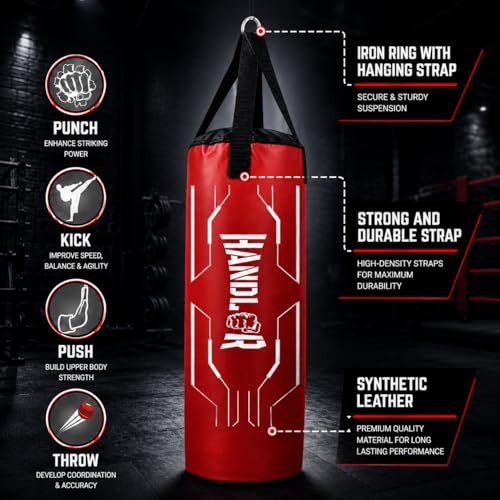 Image of Handler Synthetic Leather Unfilled Punching Bag for Boxing, MMA & Home Training - Heavy Duty Hanging Bag for Adults & Kids, Kickboxing, Karate, Taekwondo (3,4,5 ft) (Red, 5 Feet (60 Inches))
