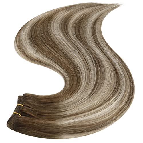 Image of Full Shine Weft Hair Extensions Human Hair 16In 105G, Balayage Hair Sew In | Color Light Brown To Platinum Blonde Mix Brown, Natural Ombre Sew In, Daily Wear, Office Styling