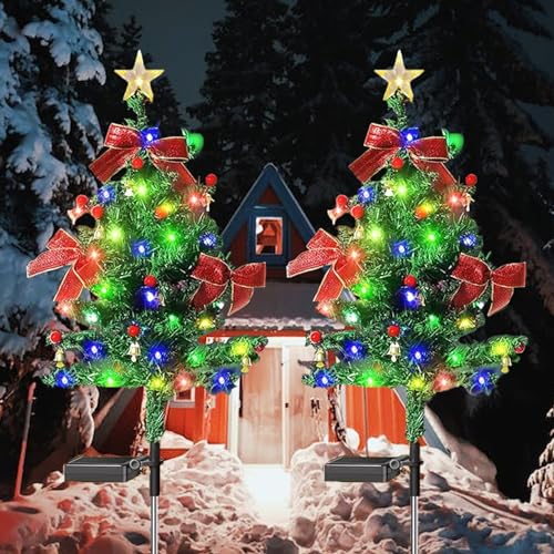 Yinhamnl 2-Pack Solar Christmas Tree Lights Outdoor Decorations, Solar Xmas Tree Yard Stake...