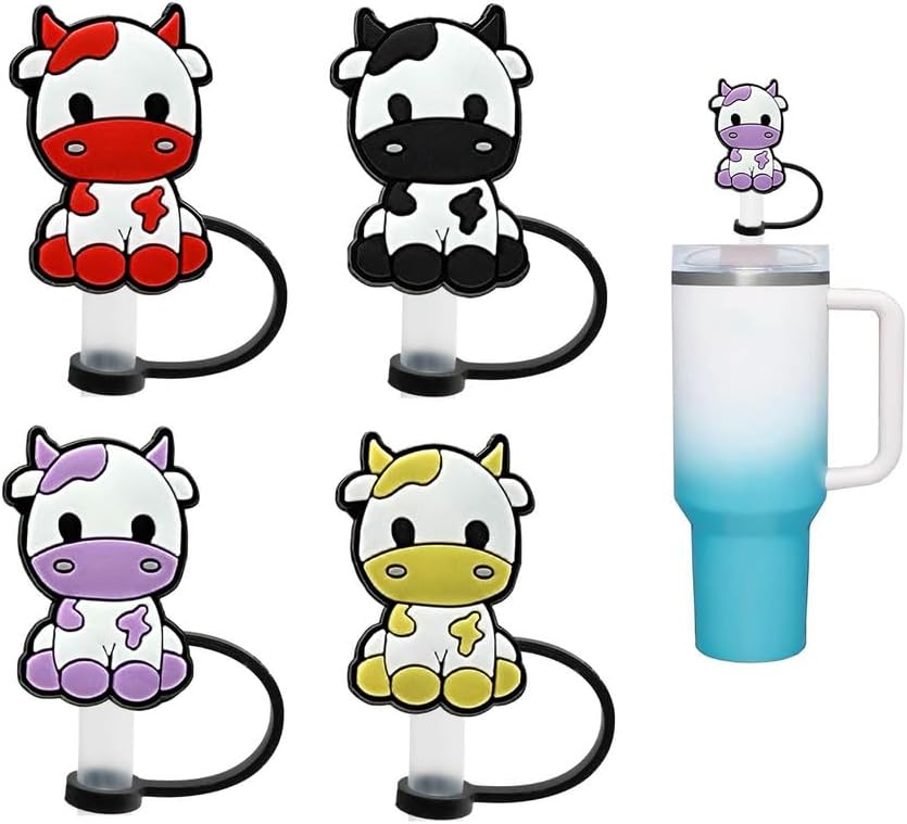 Tapas reutilizables de silicona con puntas de popote de 0.4 pulgadas0.394 in, cubiertas de paja de dibujos animados, compatibles con vasos Stanley