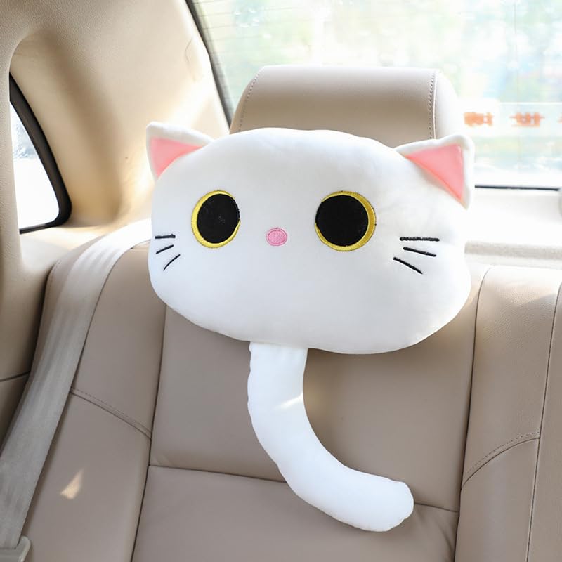 Azonee White Cat Car Headrest Pillow, 2 pcs Cat Neck Support Plush Cushion for Driving Seat, Car seat headrest, Cartoon Car Seat Pillow, Pillow Support Cushion Fit for Seat Neck Pad Car Interior