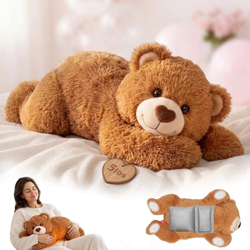 Mewaii Weighted Stuffed Animals for Adults & Kids, 2-5 lbs - 23' Heatable Coolable Bear Plush, Microwavable Adjustable Removable Inner Pad, Realistic Hug Comfort Gift (Brown)