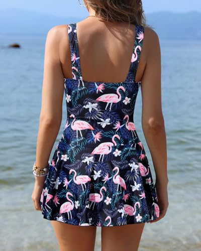 Image of Yonique One Piece Swimsuits for Women Modest Tummy Control Swimdress Vintage Bathing Suits Skirt Swimwear