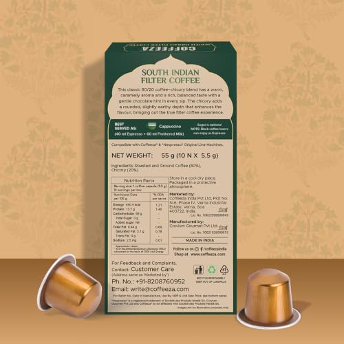 Image of Coffeeza South Indian Filter Coffee Capsules | 80% Coffee 20% Chicory Blend | Intensity 8 | Medium-Dark Roast | Caramel, Chocolate & Earthy Notes | Original Line Compatible Pods (Box of 50 Capsules)
