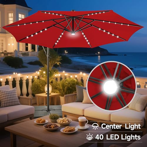 Image of Solar Offset Patio Umbrella - 10 FT Solar Cantilever Umbrella Outdoor with 40 LED Lights and Cross Base, UV Protection for Garden, Deck, Backyard, Pool, Porch, Red