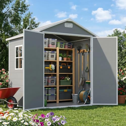 Larbanke Caseta de herramientas para exteriores con ventana, 183 x 122 cm, con agujeros de drenaje y suelo, resistente a la intemperie con puerta con cierre para patio trasero, terraza y piscina