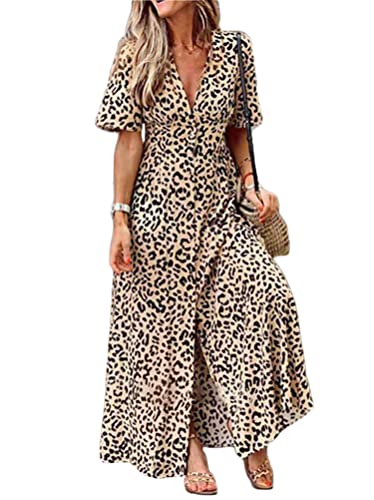 Minetom Robe Longue Femme Imprimé Léopard Col V Manche Courte Ample Soirée Cocktail Maxi Dress Casual Été Robe de Plage Vacances A Kaki XL