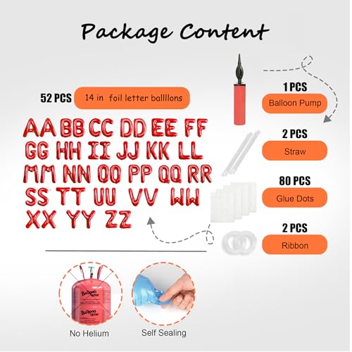 Image of 52 pcs Red Foil Letter Balloons with Air Pump, 16 Inch 2 A-Z Sets - Mylar Alphabet Balloon Kit for New Year, Valentine's Day, Birthday Banner & Party Decorations