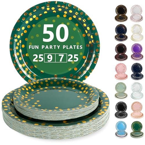 Nkaiso Platos Desechable, 50 Piezas Verde Oscuro y Dorado Vajilla de Fiesta Set -25x 23cm & 25 x 18cm Platos de Carton, legante y Resistente para Bodas, Cumpleaños y Eventos