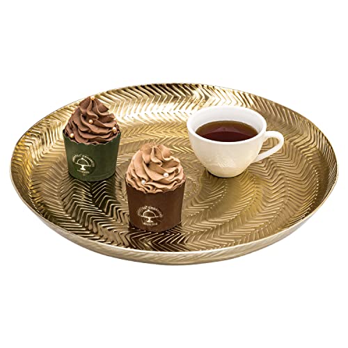 Mygift KIT3130BAS 13 Inch Round Deluxe Modern Etched Design Brass Tone Metal Serving Tray cover