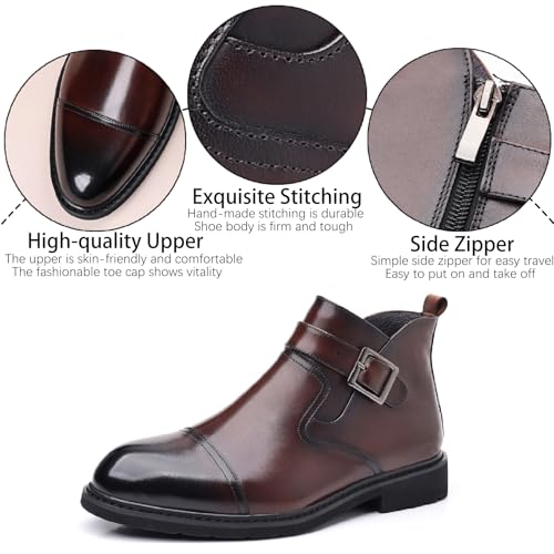 Men's Genuine Leather Buckle Strap Chelsea Ankle Boots with Side Zipper Formal Comfortable Block Heel Chukka Booties for Wedding Office Business Dress Boots3