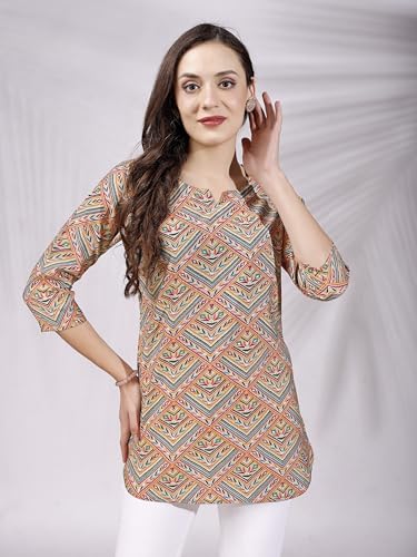 Shienzy Women's Rayon Checkered Regular Kurta Top (Shz1453_Peach_Xl)