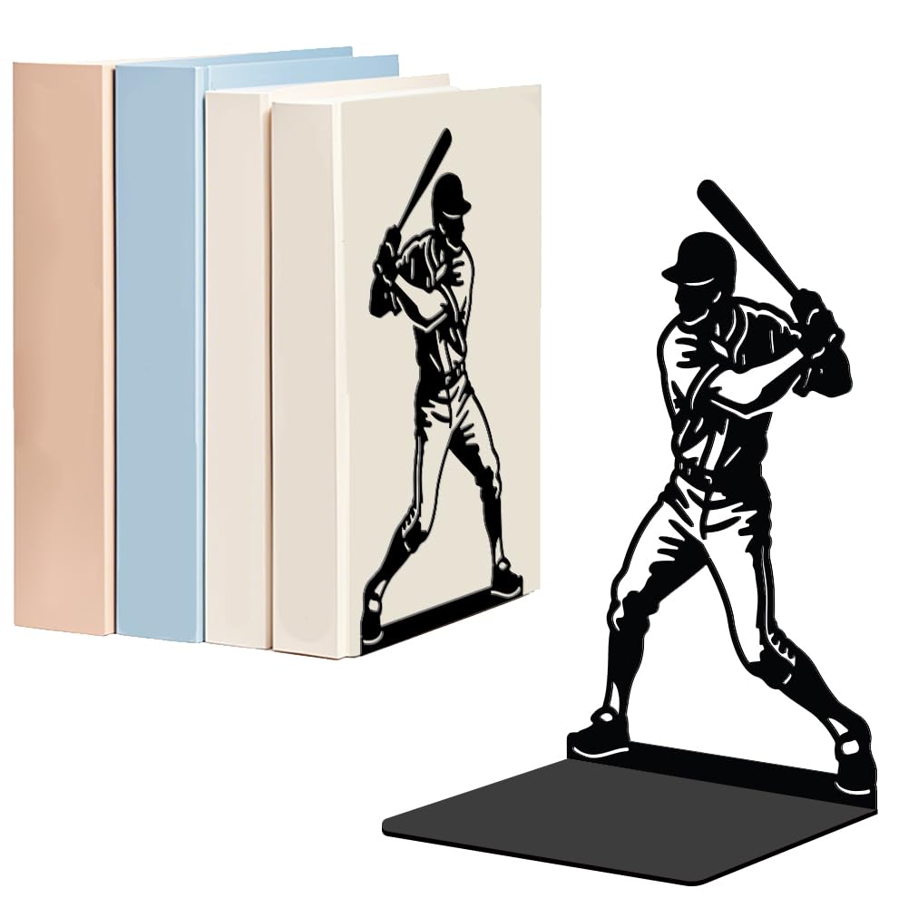 WADORN 1Pair Metal Decorative Book Ends, Baseball Player Modern Bookend Stopper for Shelves Non-Skid Book Holder for Heavy Books Unique Design Book Organizer for School Library Home Office CDs File
