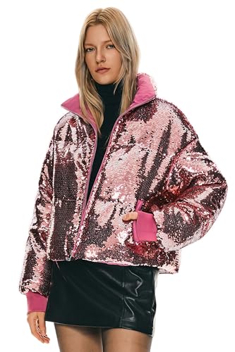 Orolay Women's Shiny Sequin Down Coat Stylish Glitter Jacket for Women Long Sleeve Trendy Outerwear with Stand Collar
