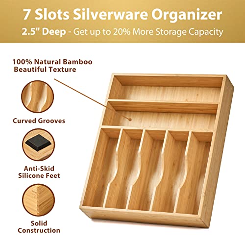 Umilife DBOX2 Bamboo Kitchen Drawer Organizer, 13 Inch Silverware Utensil Tray Holder, Extra Deep Grooved Drawer Divider, 7 Slots Total Bamboo Wood Caddy For Flatware Cutlery Knives thumb #1