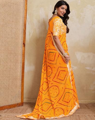Image of SIRIL Women's Georgette Sequins Embroidery Printed Bandhani Saree with Unstitched Blouse Piece
