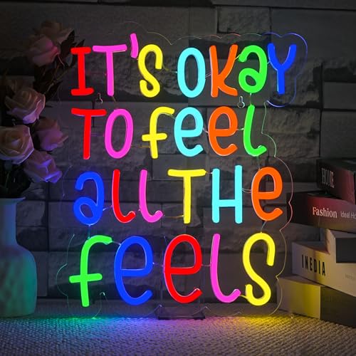 Image of JURONG It's Okay to Feel All the Feels Neon Signs for Wall Decor Dimmable LED Neon Light up Signs USB Powered for Home Office Bedroom Classroom Wedding Party Store Home Gift Neon Decor