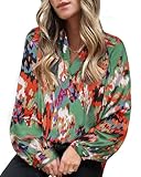 BTFBM Women's Casual Boho Blouse Tops Abstract Print Lapel V Neck Lantern Long Sleeve Summer Spring Loose Blouses Shirts(Print Green, XX-Large)