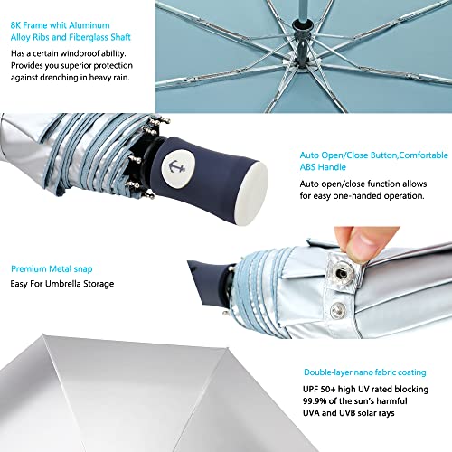 Image of FDJASGY UV Sun Umbrella Compact Folding Travel Umbrella Auto Open Close Compact Folding Rain Umbrellas for Women Men Blocking UV 99.98%, Blue, One Size