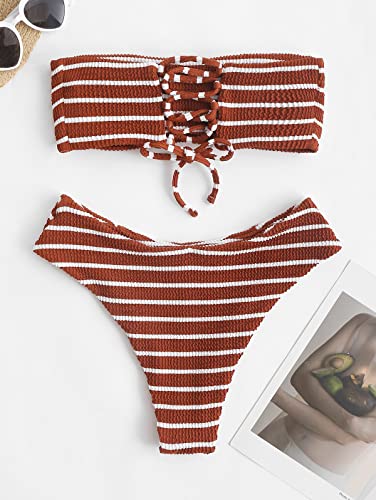 ZAFUL Women Strapless Ribbed High Cut Bandeau Bikini Lace Up 2 Pieces Swimwear3
