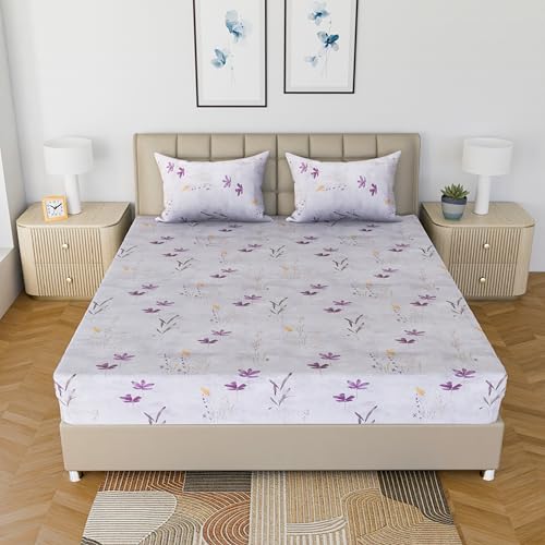 Image of LINENWALAS 100% Cotton Fitted Bed Sheet for Super King Size Bed, Printed All Around Elastic Bedsheet (78 x 78 Inches) with 2 Pillow Covers | 210 TC Soft Breathable, Luxury Bedsheet (Haze of Lavendor)