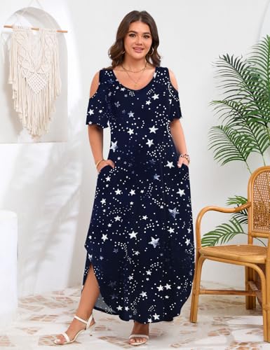 Image of JollieLovin Womens Plus Size Casual Summer Maxi Long Dress Cold Shoulder V Neck Beach Sundresses
