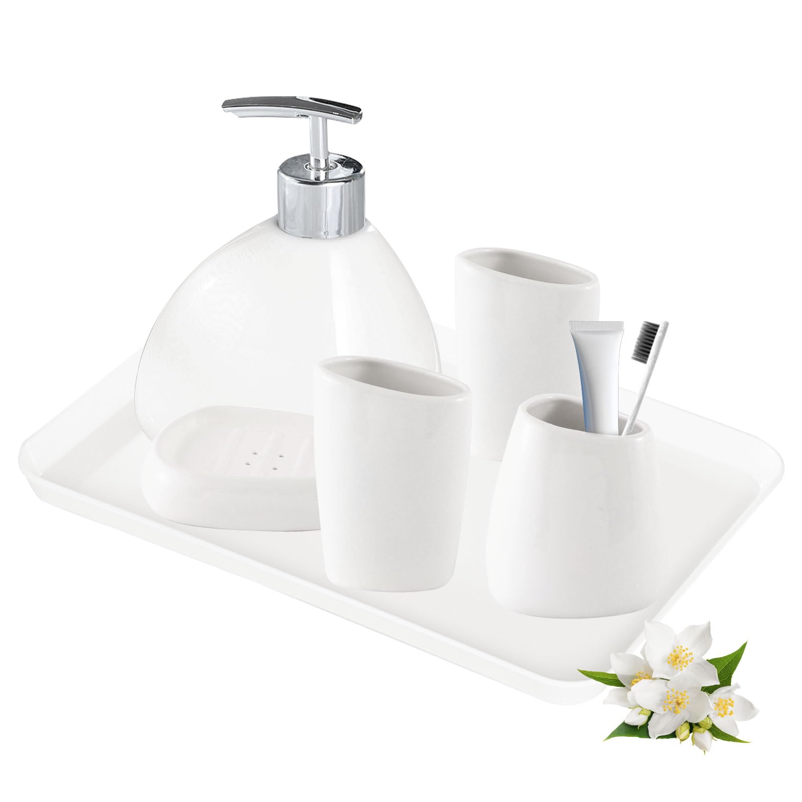 Set Bagno Accessori Completo in Ceramica, 6 Pezzi Set Accessori Bagno Moderno Include Dispenser di Sapone, Portaspazzolino, Coppetta per Collutorio, Scatola per Sapone e Vassoio, Bianco
