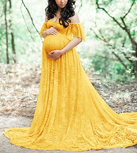 Image of Maternity Photography Props Floral Lace Dress Fancy Pregnancy Gown for Baby Shower Photo Shoot (S, Mustard)